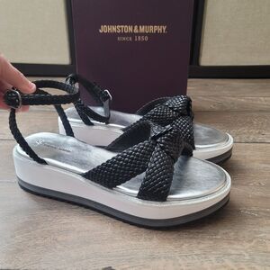 Women's Johnston & Murphy Faux Leather Black Silver Grace Woven Sandal- Size 10